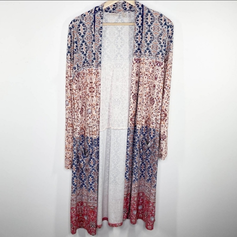 LOGO Lori Goldstein Multi-Color Printed Open Front Cardigan Women's Size Small S